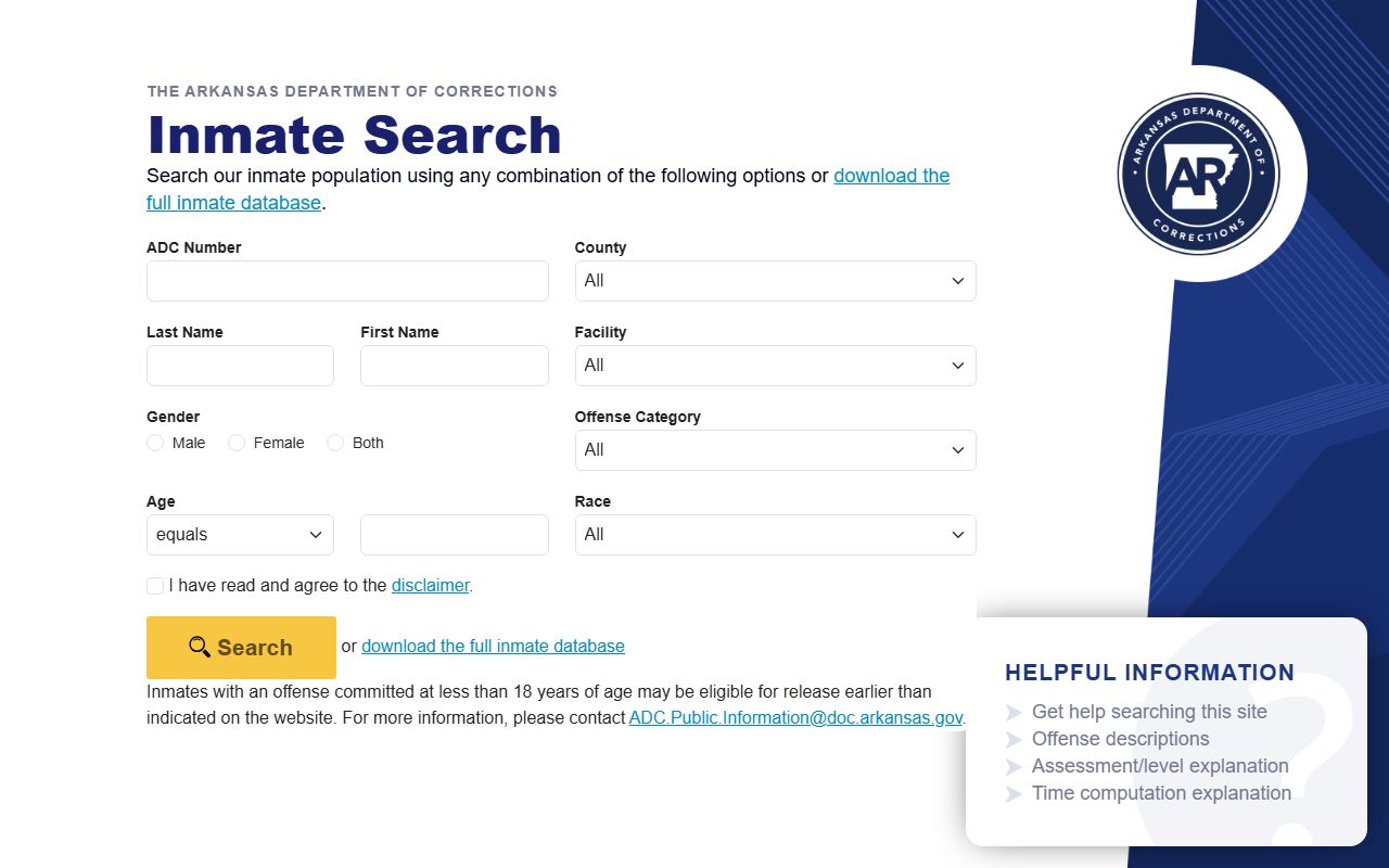 Bradley County inmate population Arkansas DOC inmate search form