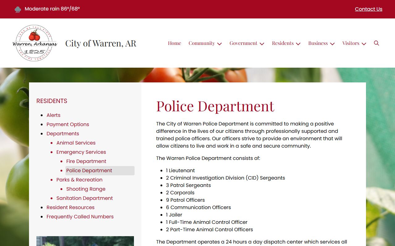 Official Warren Police Department page showing staffing and holding jail information